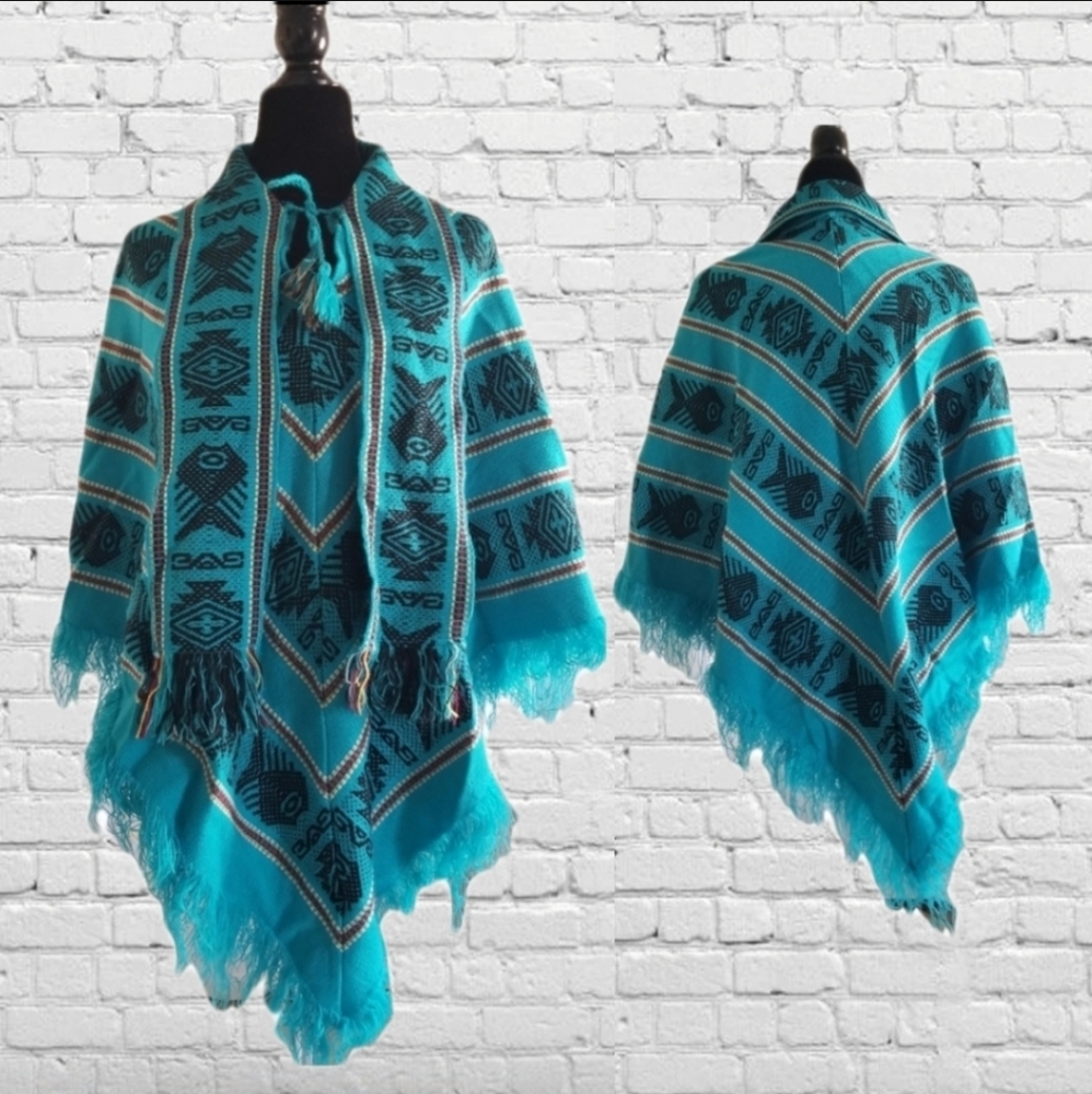 VintageAztec Design Turquoise Poncho Knit Cape Shawl with Fringe